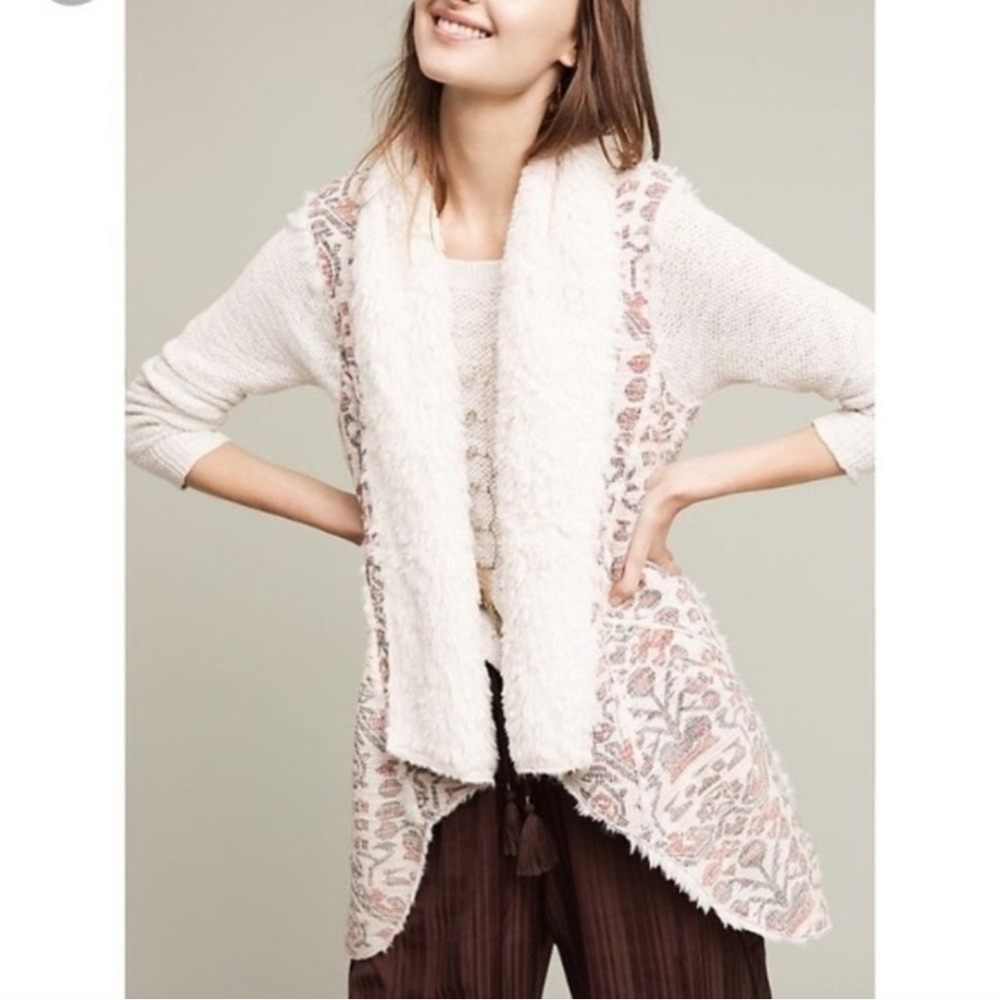 Anthropologie Hei Hei Jacquard Shearling Vest Pockets Lined Cream Red Open, Sz M